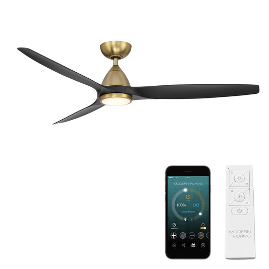 Modern Forms Skylark 62-in Soft Brass with Matte Black Blades Integrated LED Uncovered Outdoor Smart Ceiling Fan With Light and Remote Included 3 -Blade
