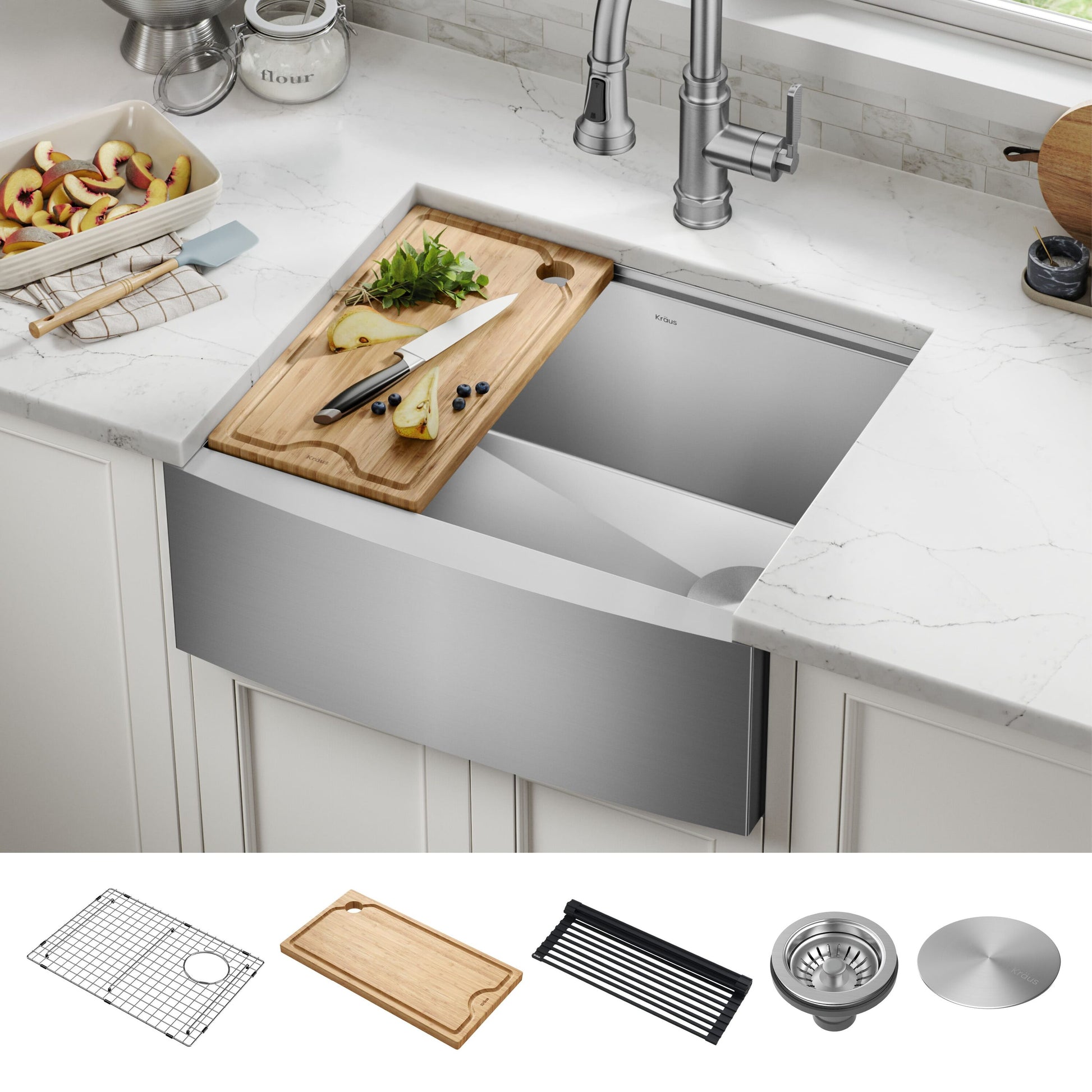 Kraus Kore Farmhouse apron front 23.88-in x 20.25-in Stainless steel Single bowl 16 -Gauge Workstation Kitchen Sink