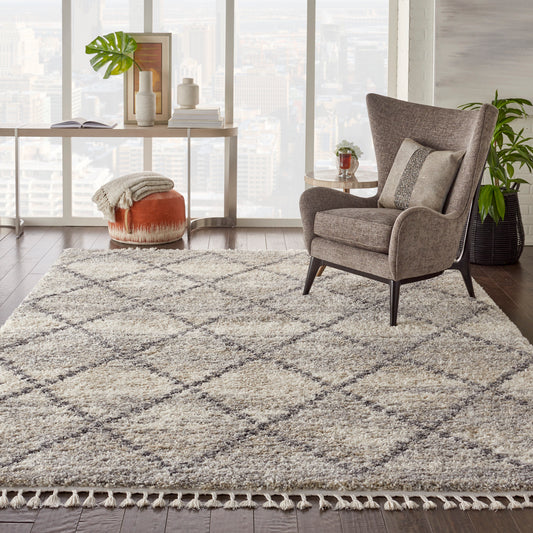 Nourison Scandinavian Shag 7 x 10 (ft) Loomed Polypropylene Ivory/Grey Rectangular Indoor Geometric Moroccan Professionally Clean Only Area rug