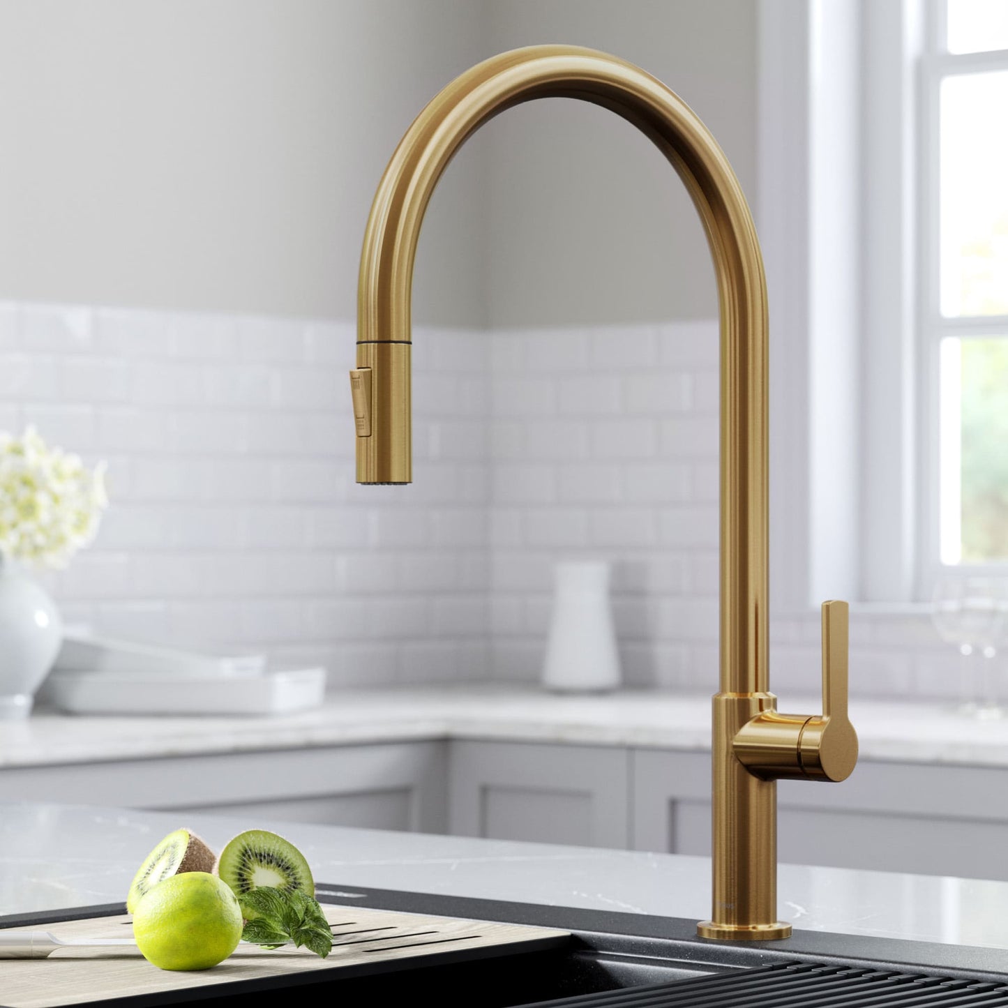 Kraus Oletto Brushed Brass Single Handle Deck-mount Pull-down Kitchen Faucet with Sprayer