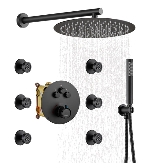 CASAINC All-in-One Thermostatic Shower System for a Spa Experience Matte Black 12-in Built-In ShowerÂ FaucetÂ System with 3-way Diverter ( Thermostatic Valve Included )