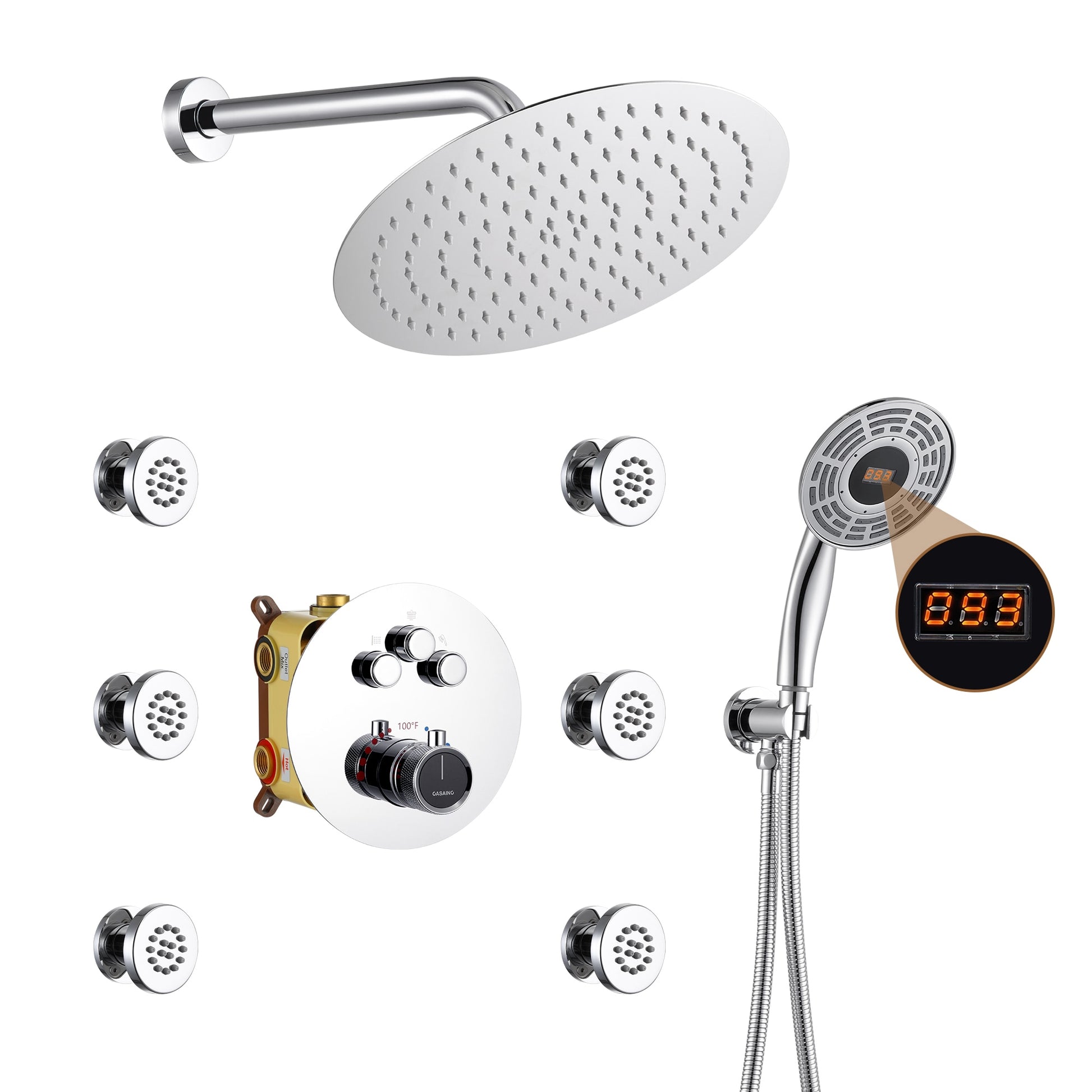 CASAINC Luxury LED Digital Display Thermostatic Shower Faucet System Chrome 12-in Built-In ShowerÂ FaucetÂ System with 3-way Diverter ( Thermostatic Valve Included )