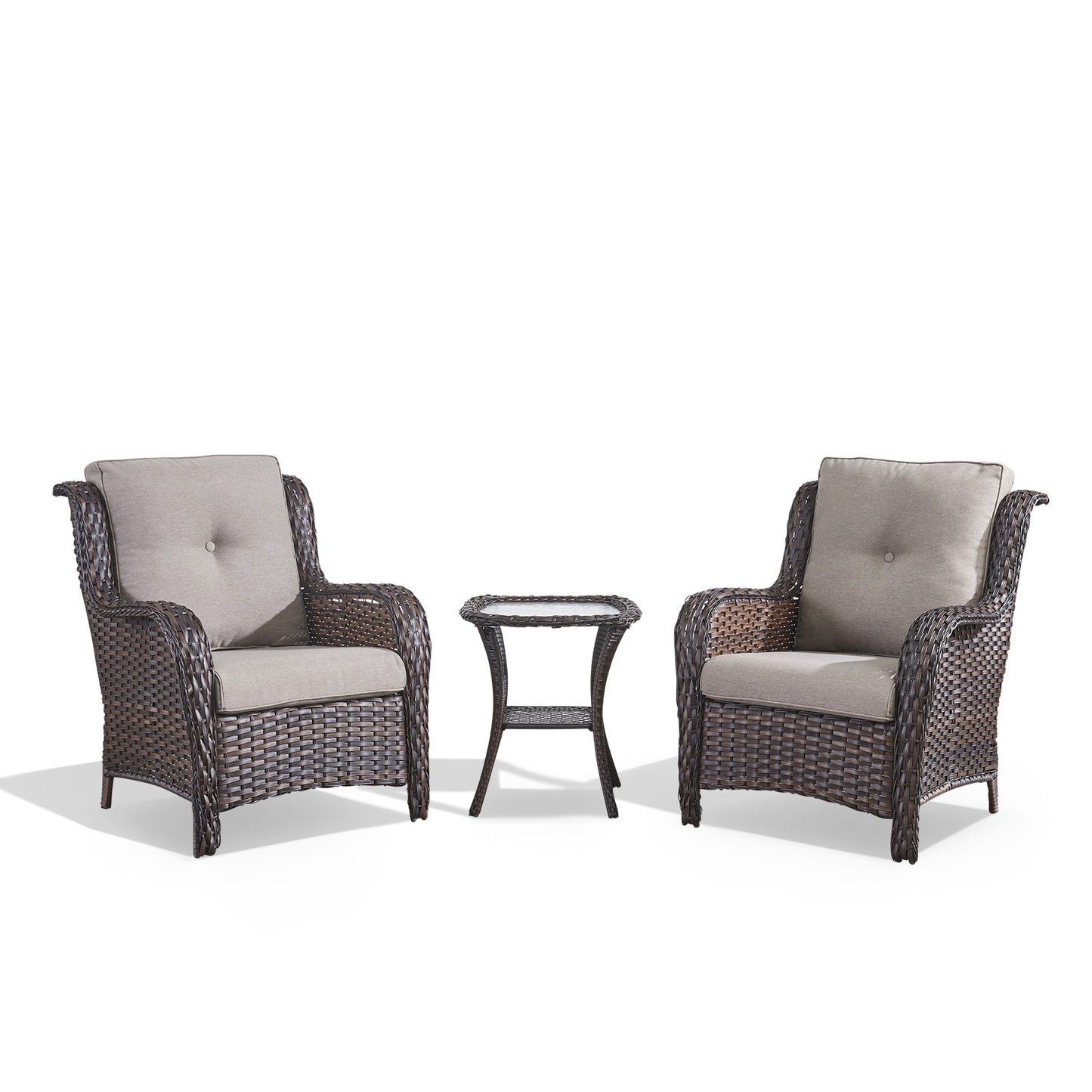 Rilyson Curved armrest Set of 2 Wicker Brown Wicker Frame Stationary Conversation Chair with Gray Gray Cushioned Seat