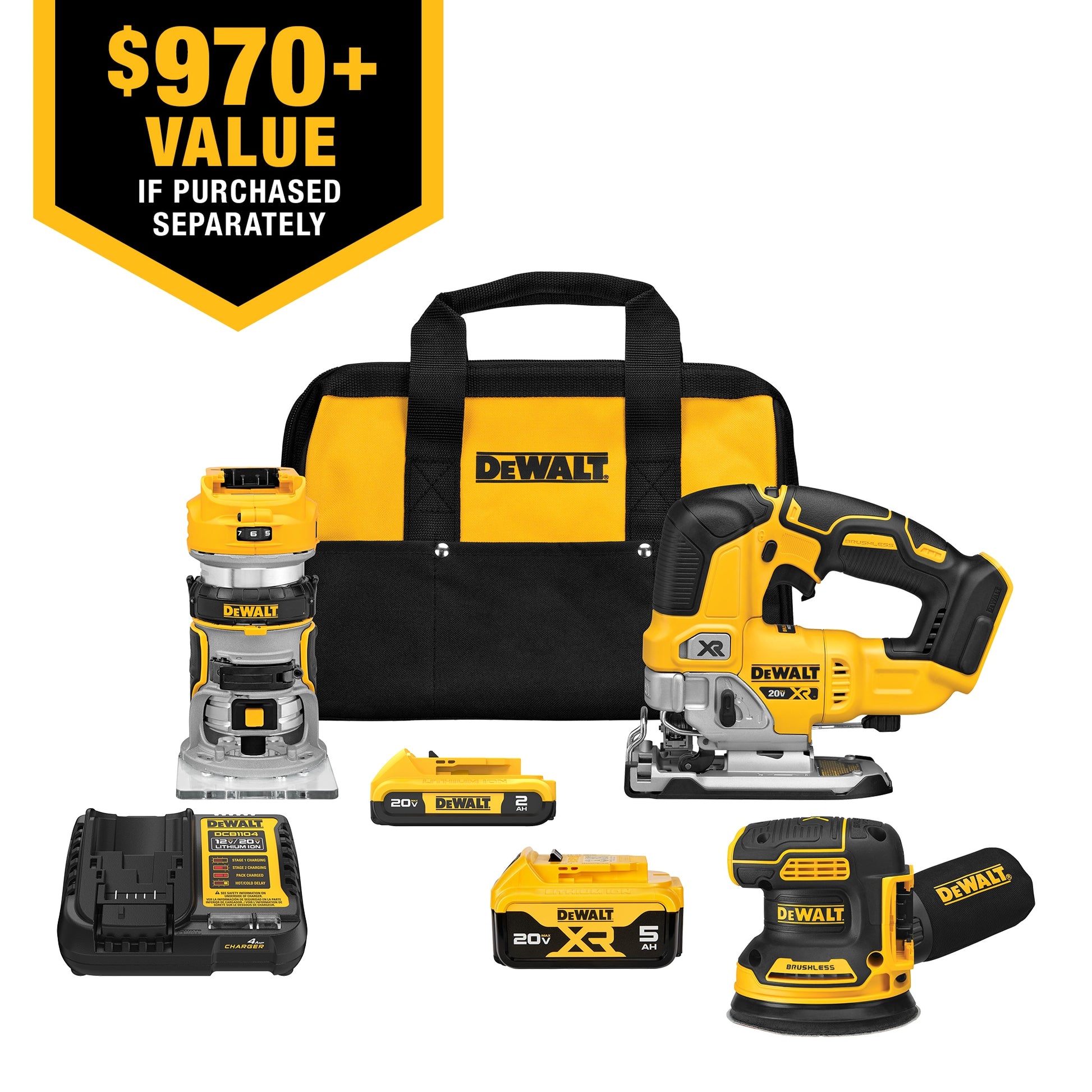 DEWALT 20V MAX XR 3-Tool Brushless Woodworking Power Tool Combo Kit with Soft Case (2-Batteries and Charger Included)