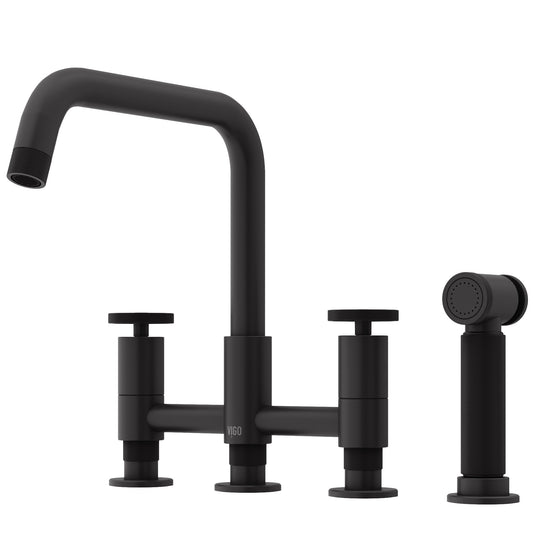 VIGO Cass Matte Black Double Handle Deck-mount Bridge Kitchen Faucet (Includes Side Sprayer)