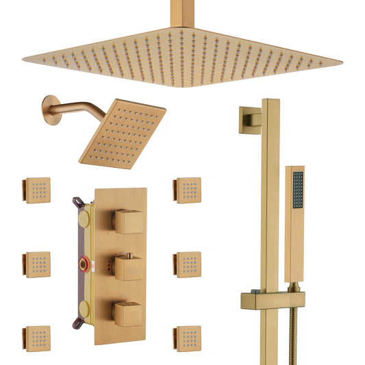 CASAINC Luxury Brushed Gold 16-in Dual Head ShowerÂ FaucetÂ Bar System with 3-way Diverter ( Thermostatic Valve Included )