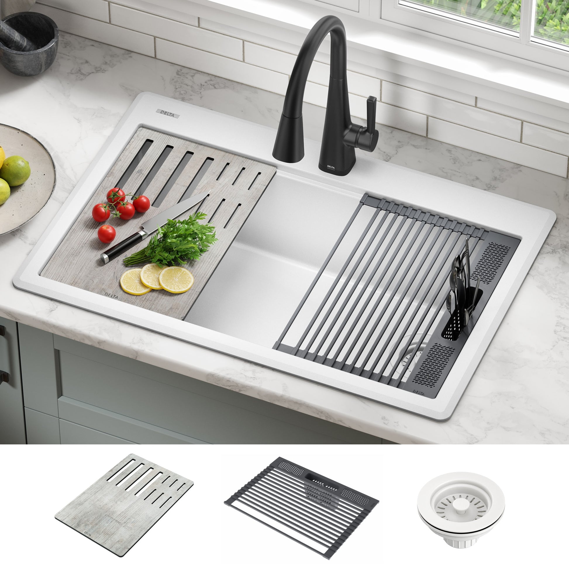 Delta Everest Drop-in 33-in x 22-in Granite Single bowl Workstation Kitchen Sink with Drainboard
