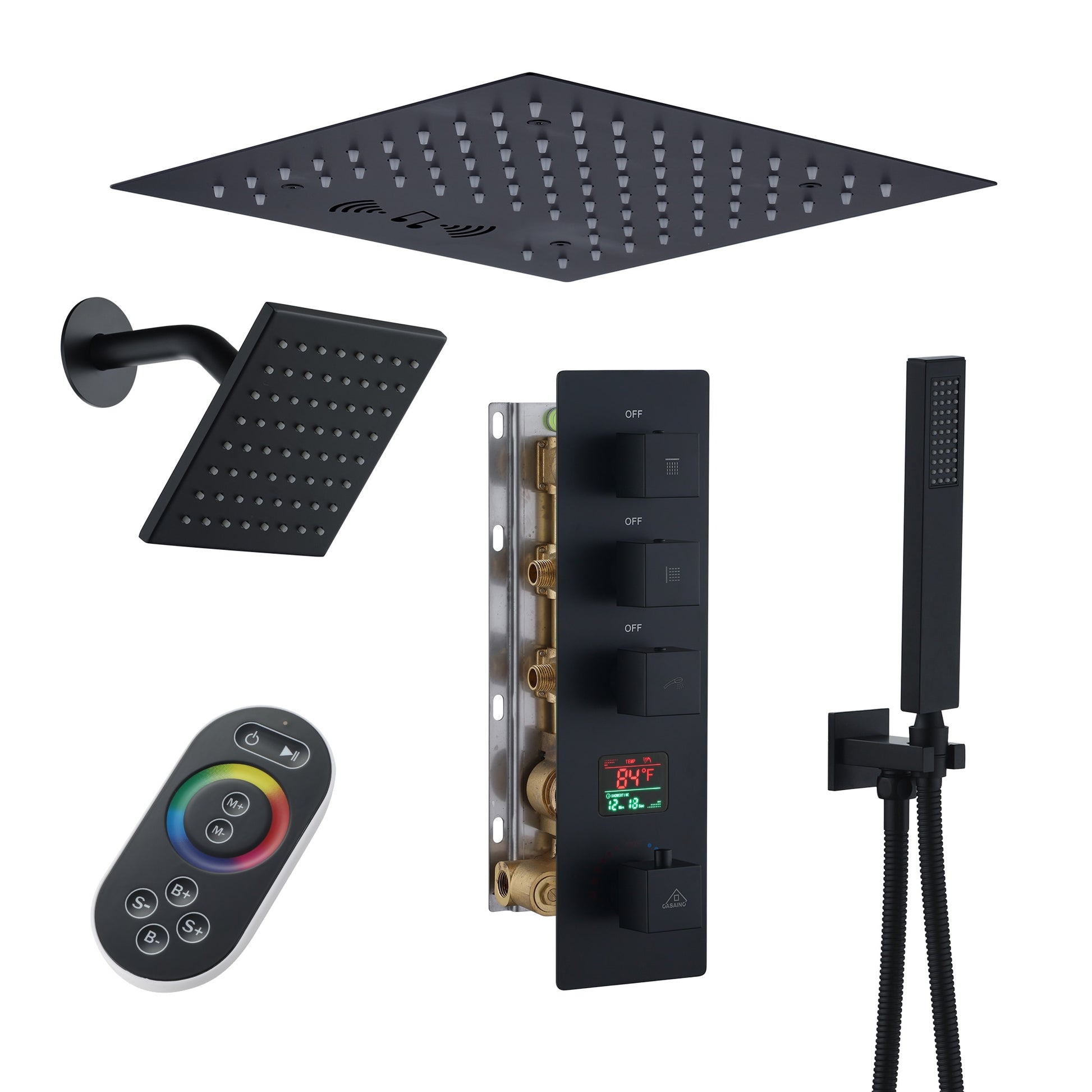 CASAINC LED Bluetooth Shower System, Thermostatic Rain Shower Head with Digital Display Matte Black 12-in Dual Head Built-In ShowerÂ FaucetÂ System with 3-way Diverter ( Thermostatic Valve Included )