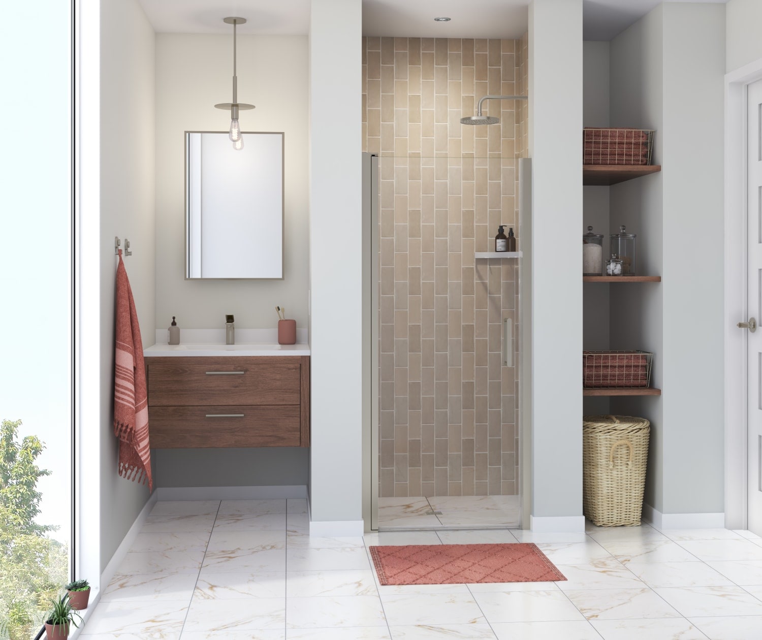 MAAX Manhattan Brushed Nickel 33-in to 35-in W x 68-in H Frameless Clear Glass Pivot Shower door