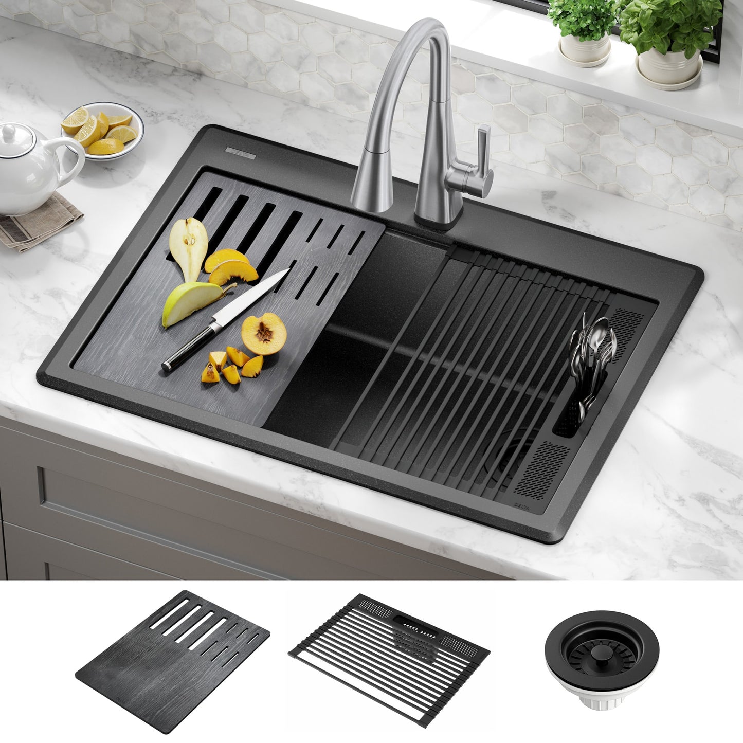 Delta Everest Drop-in 30-in x 22-in Granite Single bowl Workstation Kitchen Sink with Drainboard