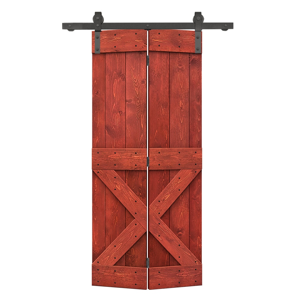 CALHOME 24-in x 84-in Cherry Red Stained X-frame Pine Wood Solid core Single bifold Barn Door (Hardware Included)