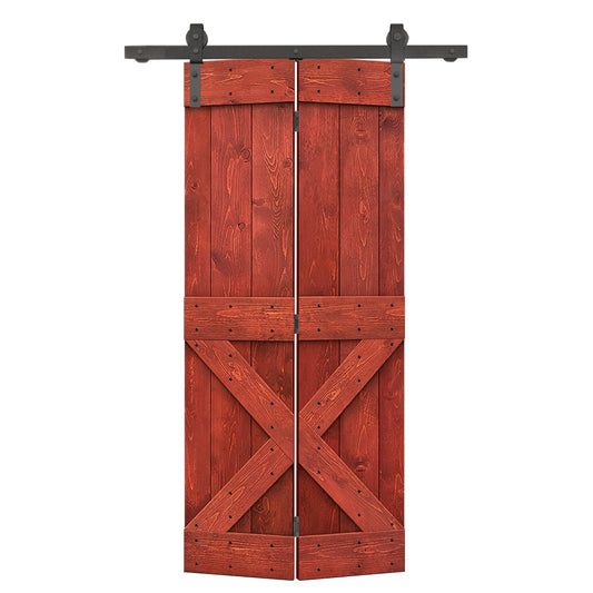 CALHOME 24-in x 84-in Cherry Red Stained X-frame Pine Wood Solid core Single bifold Barn Door (Hardware Included)
