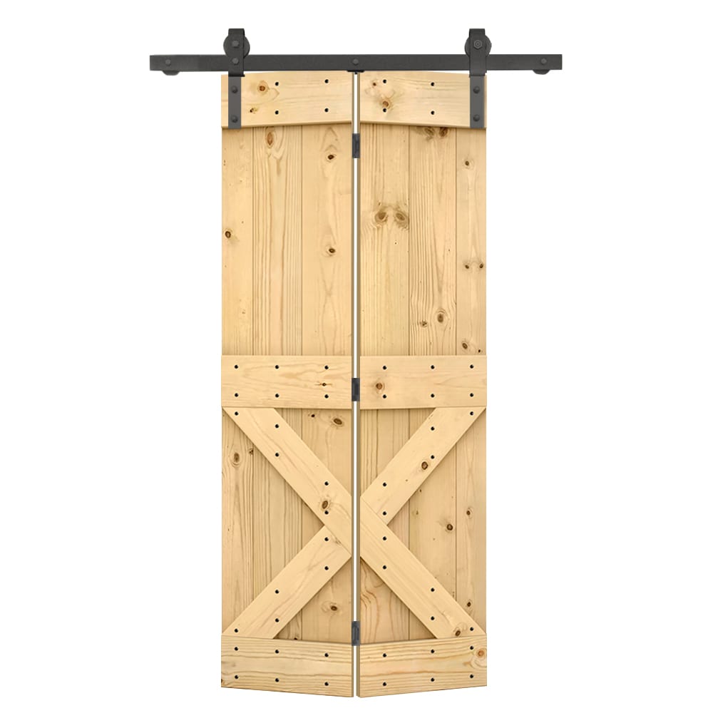 CALHOME 28-in x 84-in Unfinished Unfinished X-frame Pine Wood Solid core Single bifold Barn Door (Hardware Included)