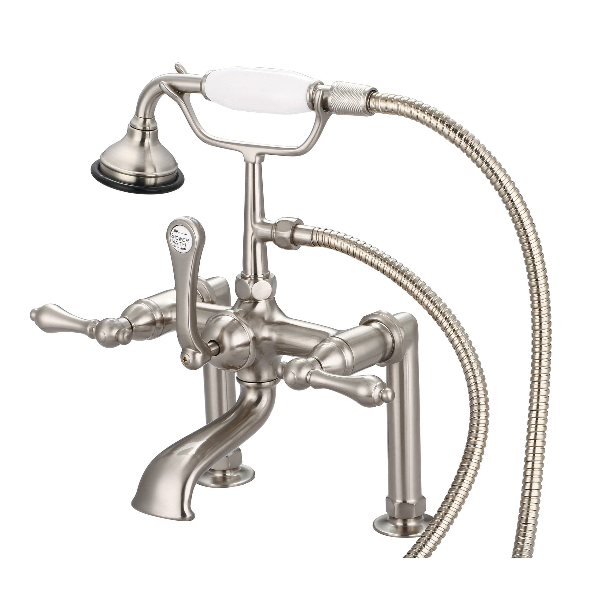 Water Creation F6 Brushed Nickel 3-handle Deck-mount Roman Waterfall Bathtub Faucet with Hand Shower ( Valve Included )