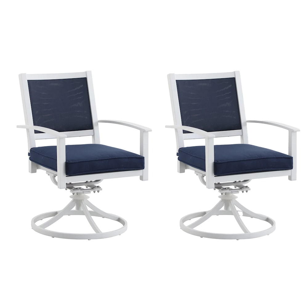 allen + roth Chatham Pier Set of 2 White Aluminum Frame Swivel rocker Dining Chair with Navy Cushioned Seat