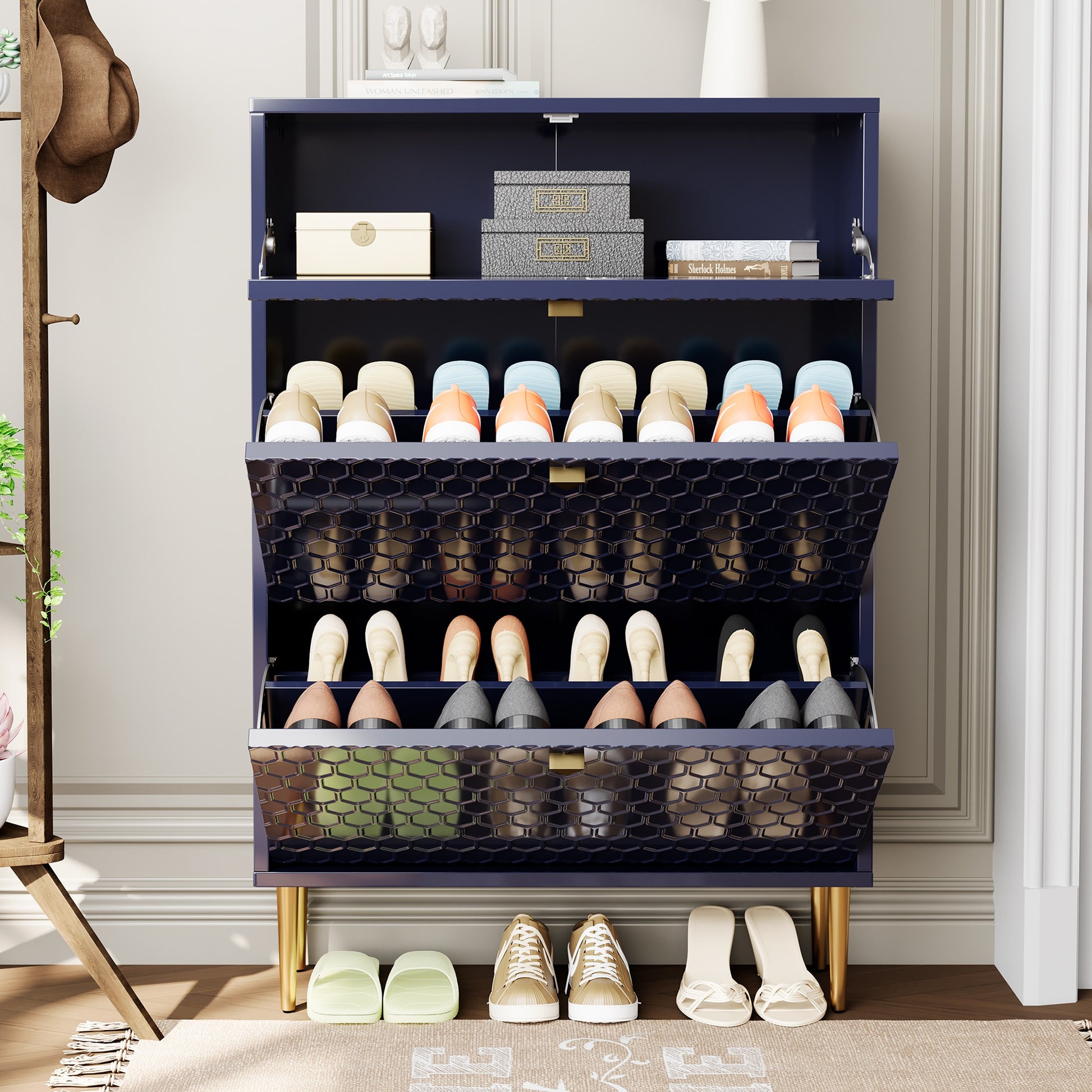 Clihome 46.46-in H 3 Tier 24 pair Navy MDF Shoe cabinet