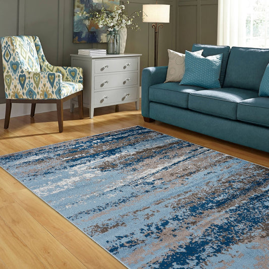 LR Home Myriad 8 x 10 (ft) Loomed Polypropylene Light Blue/Soft Blue Rectangular Indoor Abstract Spot Clean Only Area rug