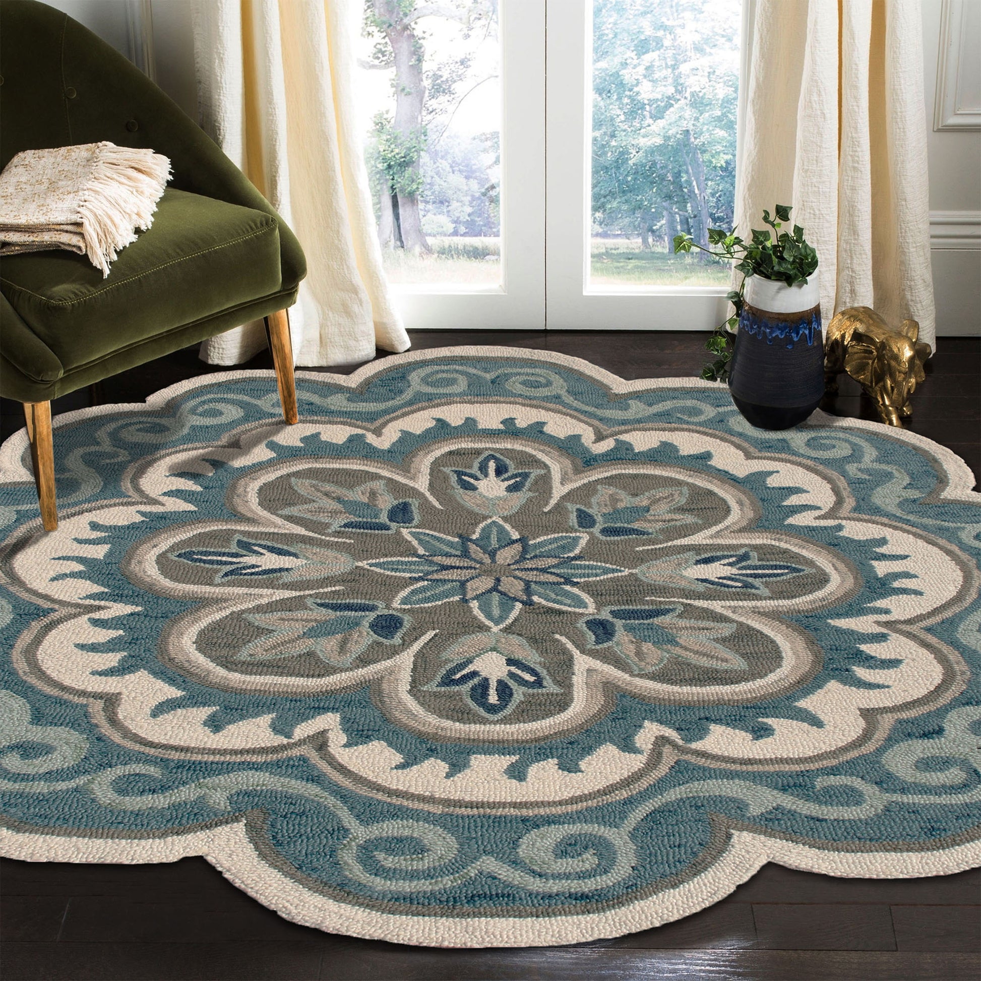 LR Home Blitz 6 x 6 (ft) Tufted Wool Aqua Blue/Gray Round Indoor Floral/Botanical Spot Clean Only Area rug