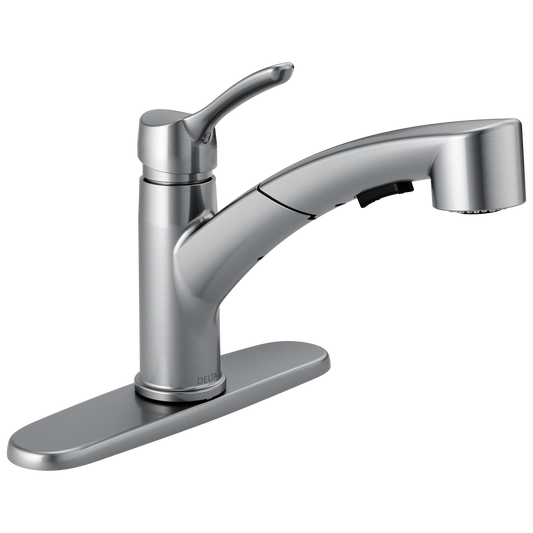 Delta Collins Arctic Stainless Single Handle Deck-mount Pull-out Kitchen Faucet with Sprayer (Includes Deck Plate)