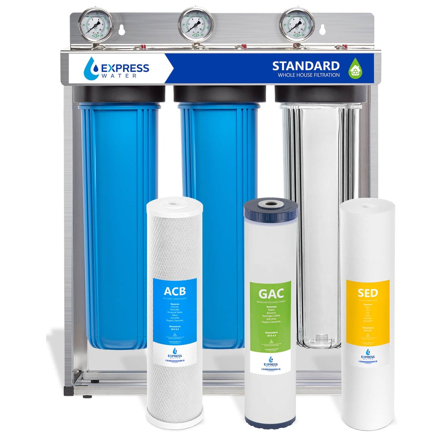 Express Water Carbon and Sediment with Clear Housing Whole House Water Filtration System Triple-Stage 15-GPM 5 Micron
