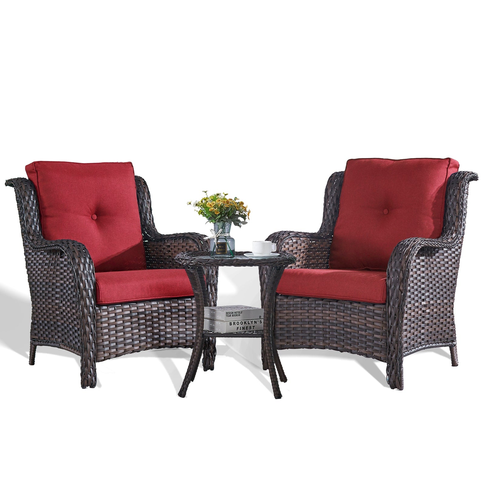 Rilyson Curved handrail Set of 2 Wicker Brown Wicker Frame Stationary Conversation Chair with Red Blue Cushioned Seat