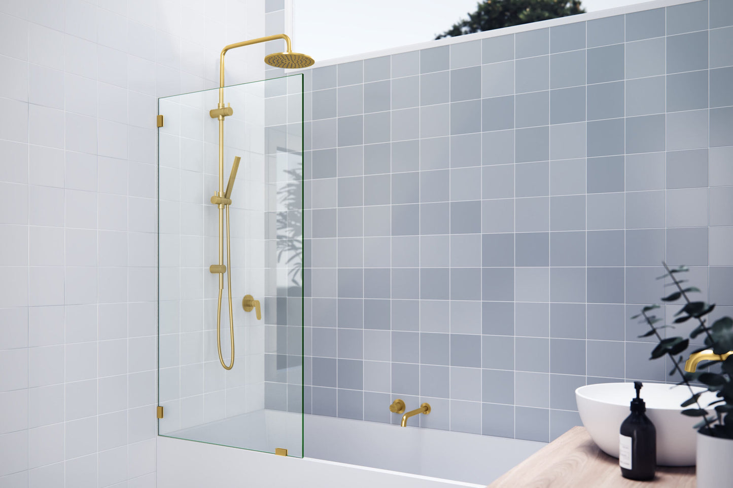 Glass Warehouse Satin Brass 32-in W x 58.25-in H Frameless Clear Glass Fixed Bathtub door