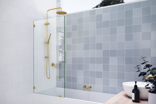 Glass Warehouse Satin Brass 32-in W x 58.25-in H Frameless Clear Glass Fixed Bathtub door