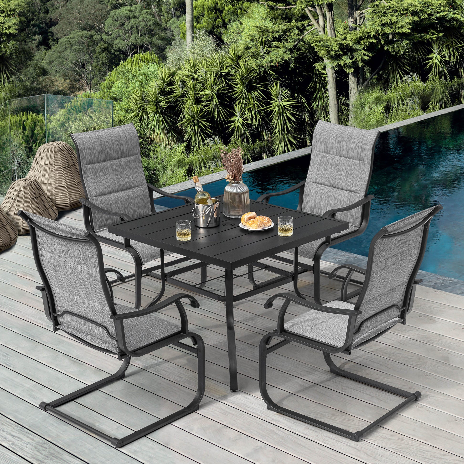 Nuu Garden 5 -Piece Black Patio Dining Set Iron Square Table with 4 Light gray C-spring Chairs