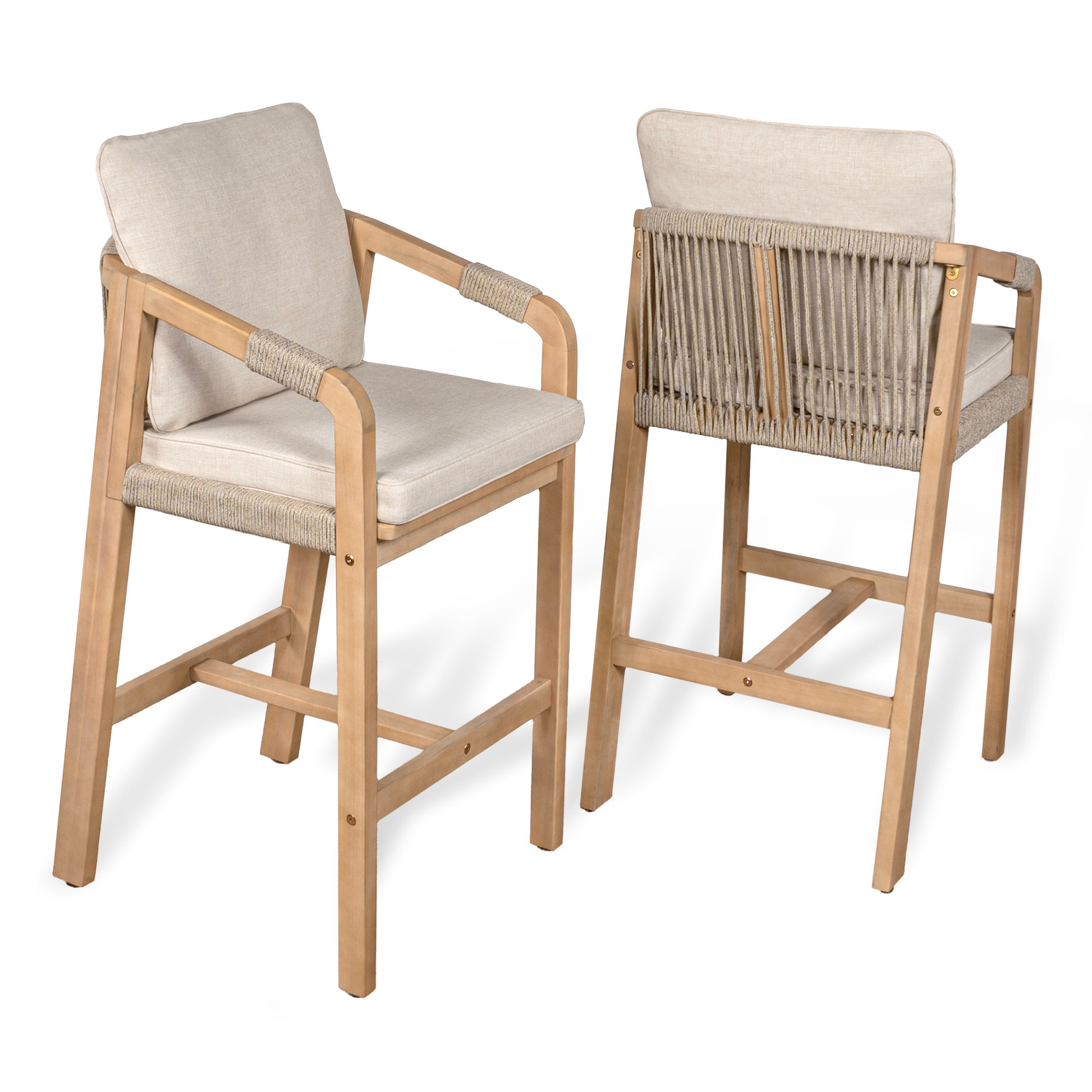 JONATHAN  Y Porto Modern Coastal Set of 2 Beige/Light Teak Wood Frame Stationary Bar Stool Chair with Tan Cushioned Seat