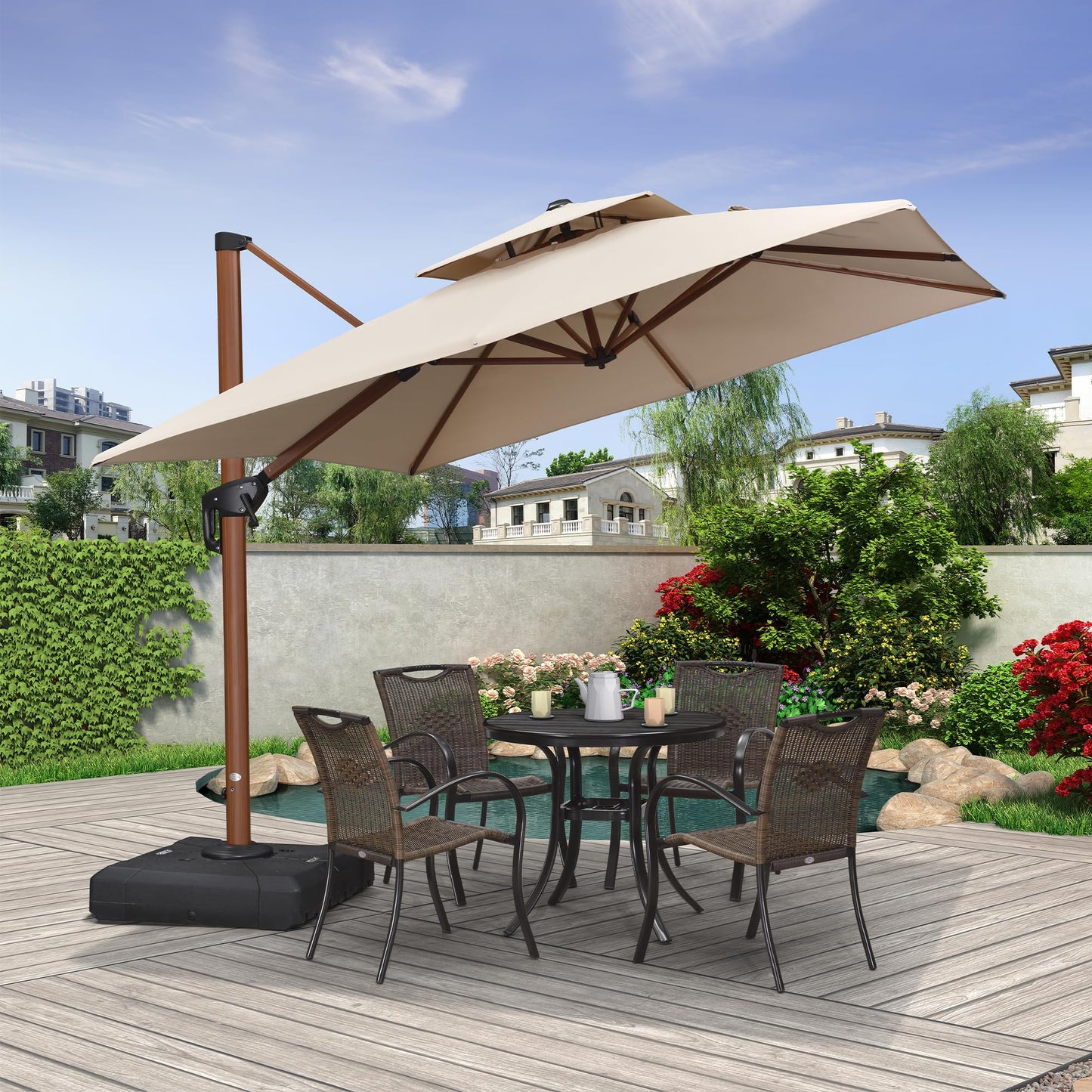 PURPLE LEAF 9-ft Aluminum Beige Crank Cantilever Patio Umbrella