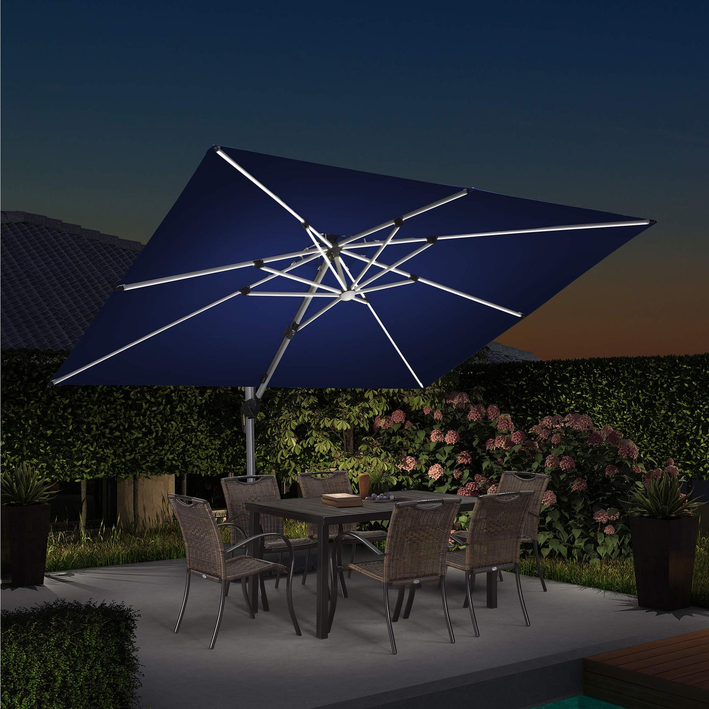 PURPLE LEAF 9-ft Aluminum Navy Crank Cantilever Patio Umbrella with Lights