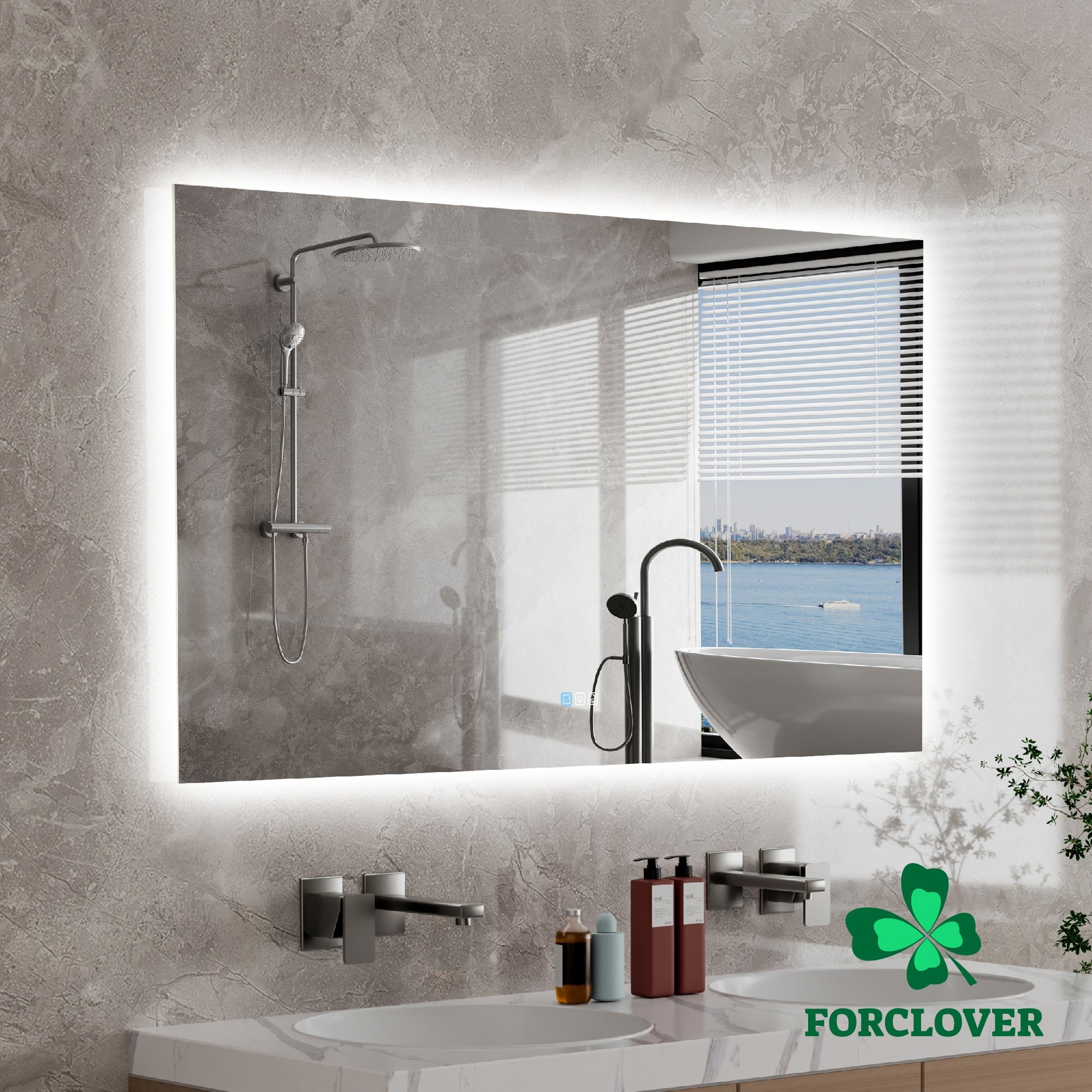 Forclover 55-in x 32-in Beveled Frameless Rectangle Dimmable Lighted Fog Free Bathroom Vanity Mirror ( Silver )