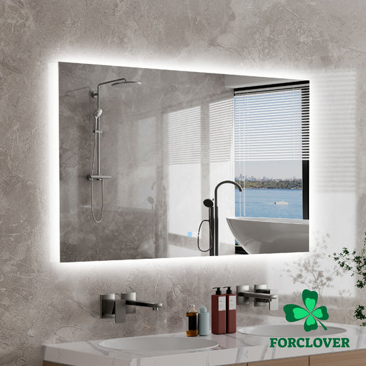 Forclover 55-in x 32-in Beveled Frameless Rectangle Dimmable Lighted Fog Free Bathroom Vanity Mirror ( Silver )