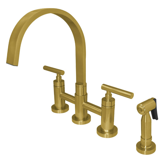 Kingston Brass Manhattan Brushed brass Double Handle Deck-mount Bridge Kitchen Faucet with Sprayer (Includes Side Sprayer)