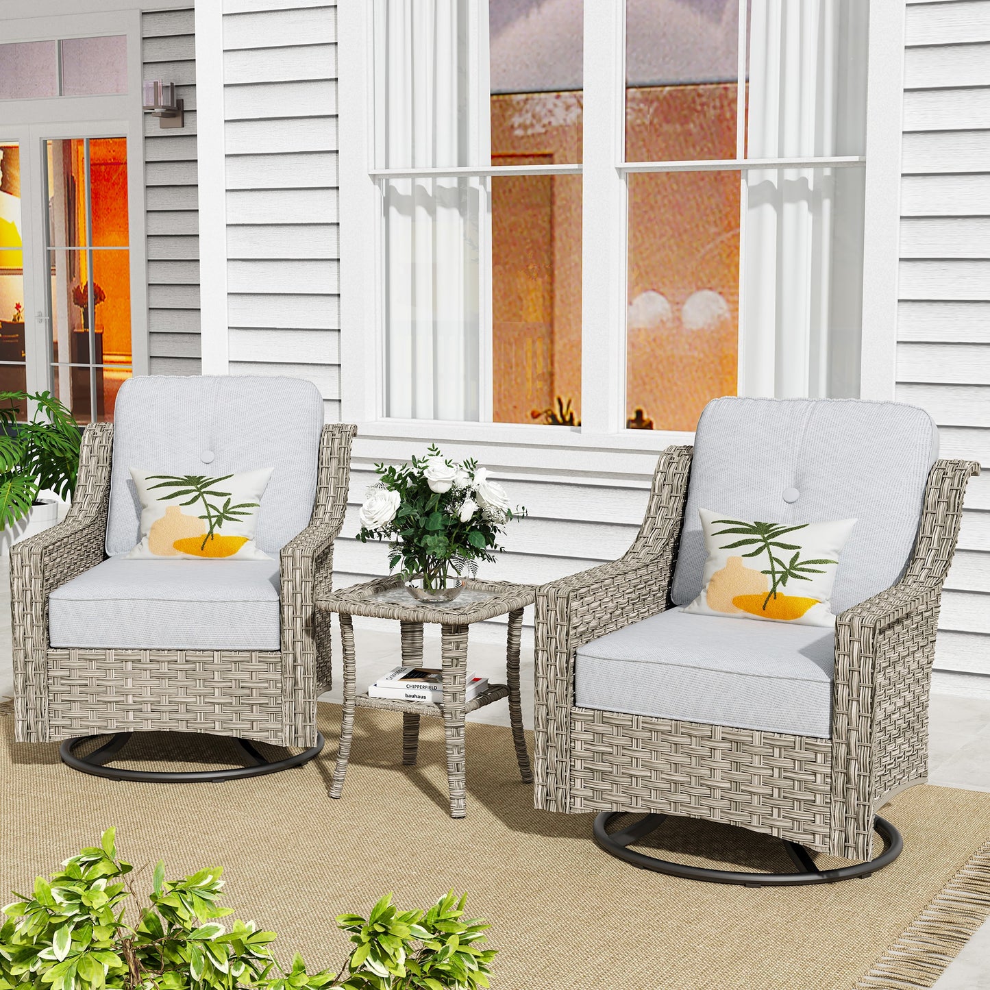 Pouuin 3 -Piece Rattan Patio Conversation Set with Gray Cushions
