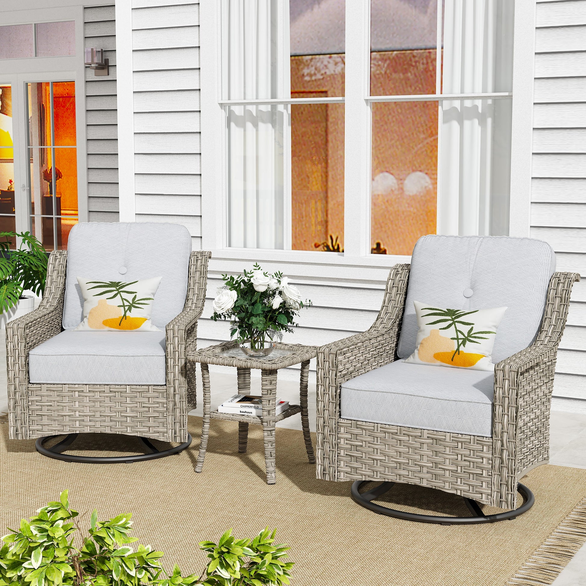 Pouuin 3 -Piece Rattan Patio Conversation Set with Gray Cushions