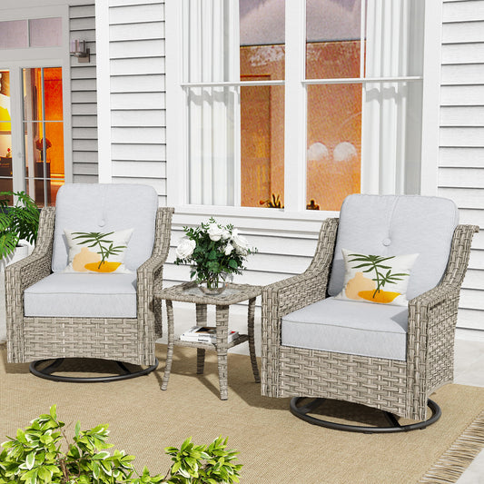 Pouuin 3 -Piece Rattan Patio Conversation Set with Gray Cushions