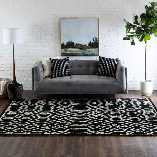 allen + roth Dark Exuberance 7 x 10 (ft) Loomed Polypropylene Black and white Rectangular Indoor Spot Clean Only Pet Friendly Area rug