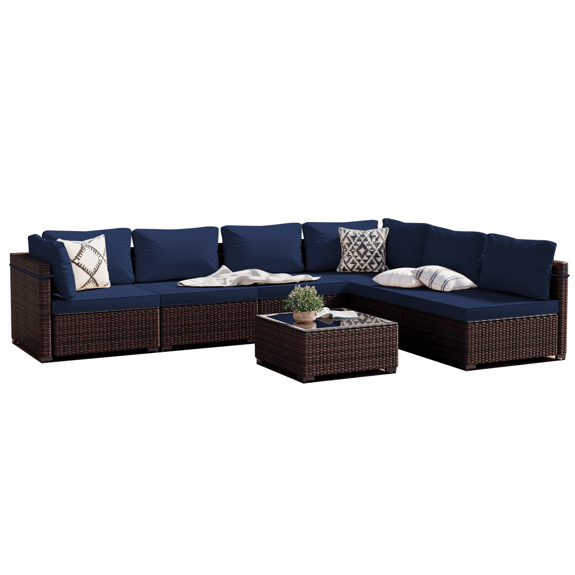 Patio Watcher 7 -Piece Rattan Patio Conversation Set with Blue Cushions