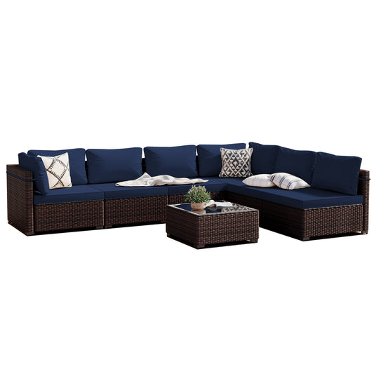 Patio Watcher 7 -Piece Rattan Patio Conversation Set with Blue Cushions