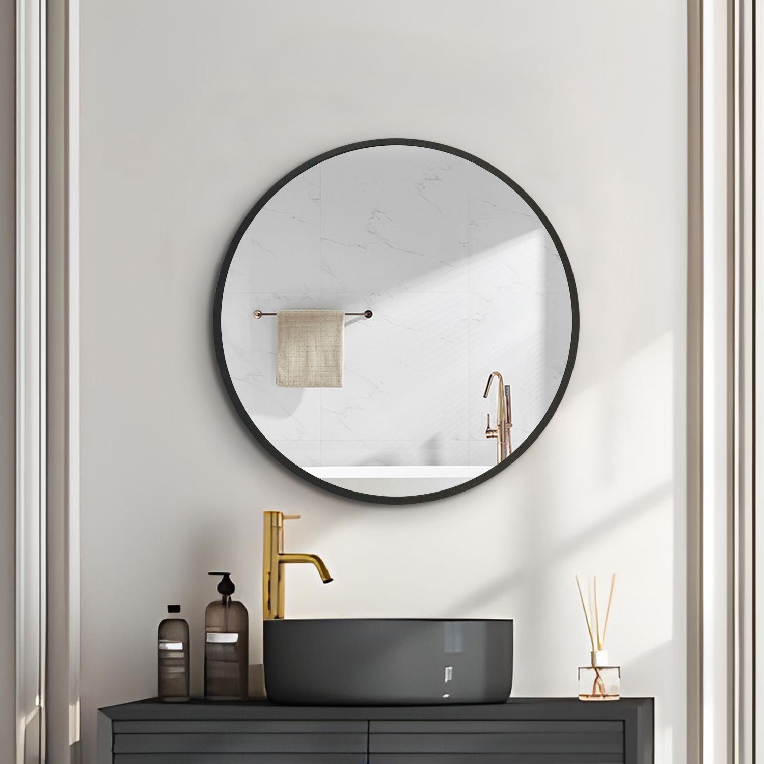 AAZJ ASO 24-in x 24-in Surface/Recessed Mount Powder Coated Mirrored Round Soft Close Medicine Cabinet