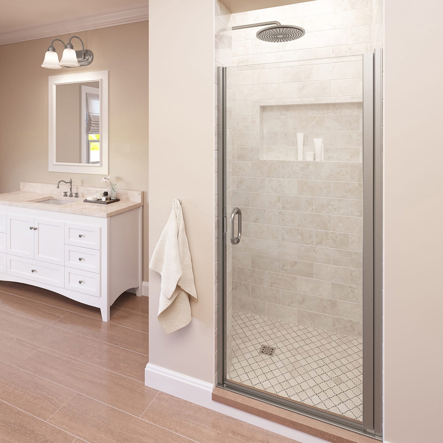 Basco Infinity Brushed Nickel 33-in to 34-in W x 65.5625-in H Semi-frameless Clear Glass Hinged Shower door