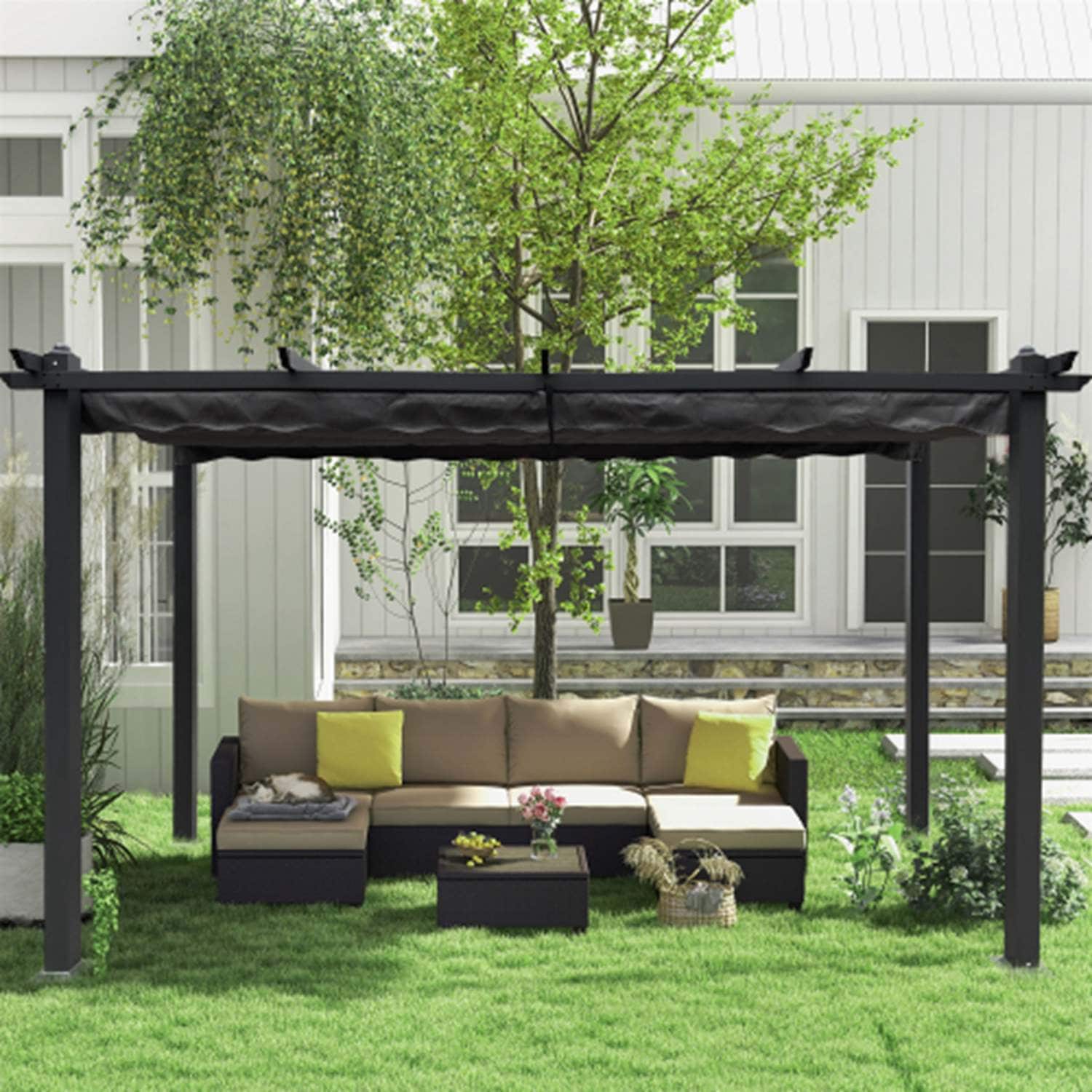 Runesay Retractable Pergola 10-ft W x 13-ft L x 7-ft 3-in H Gray Metal Attached Pergola with Canopy