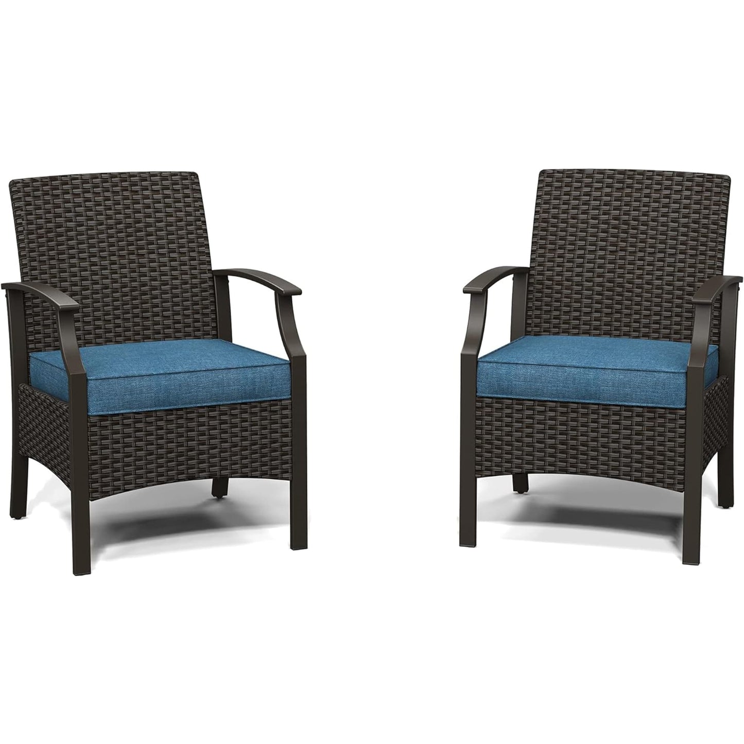 Mondawe Set of 2 Wicker Black Steel Frame Stationary Conversation Chair with Blue Cushioned Seat