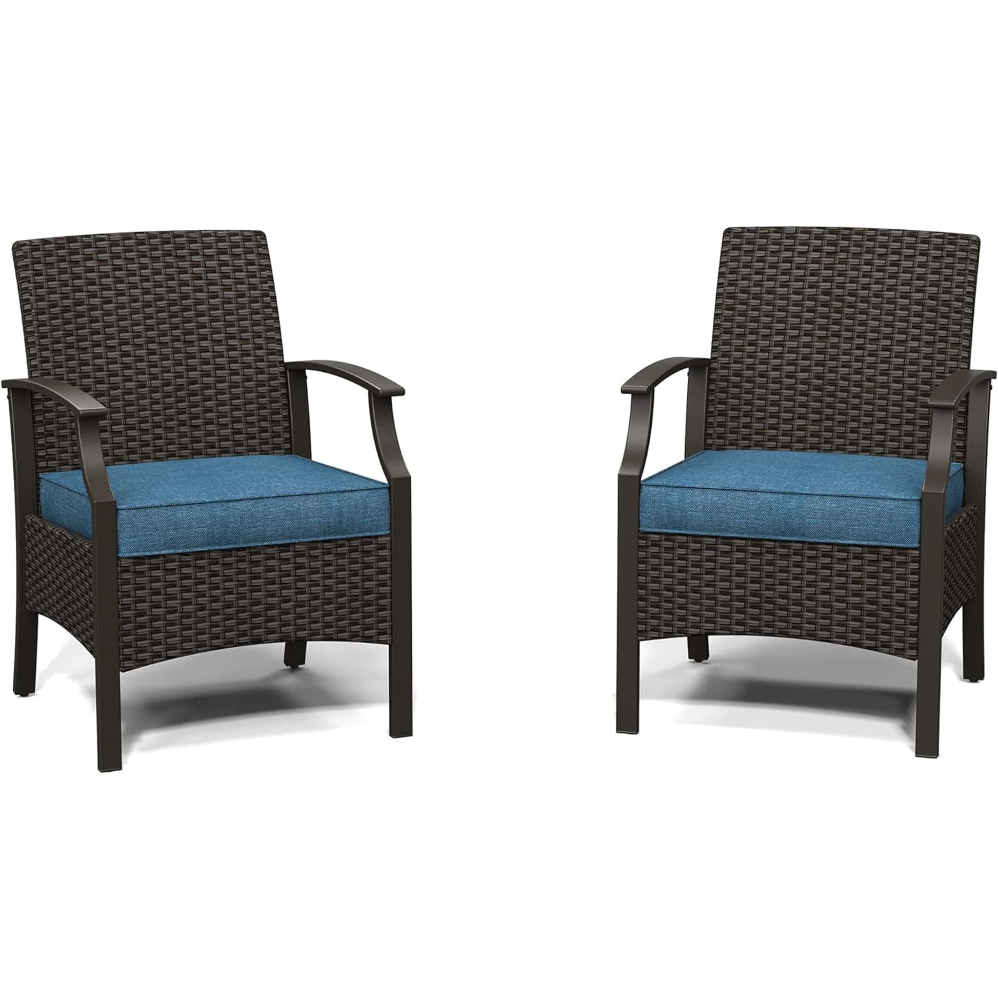 Mondawe Set of 2 Wicker Black Steel Frame Stationary Conversation Chair with Blue Cushioned Seat