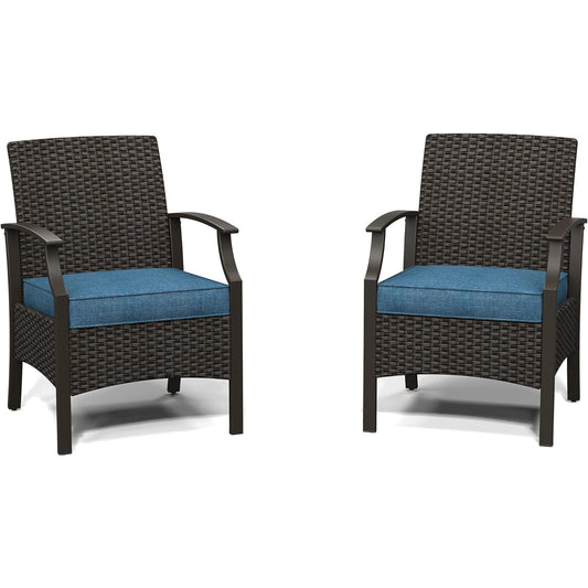 Mondawe Set of 2 Wicker Black Steel Frame Stationary Conversation Chair with Blue Cushioned Seat