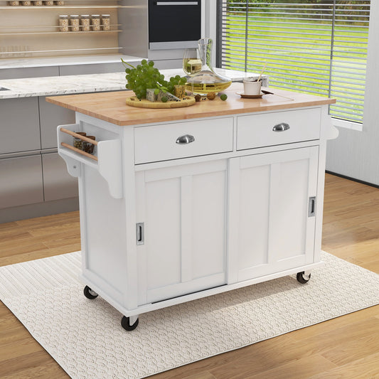 BABOOM White MDF Base with Wood Wood Top Rolling Kitchen Island ( 20.5-in x 52.2-in x 36.6-in )