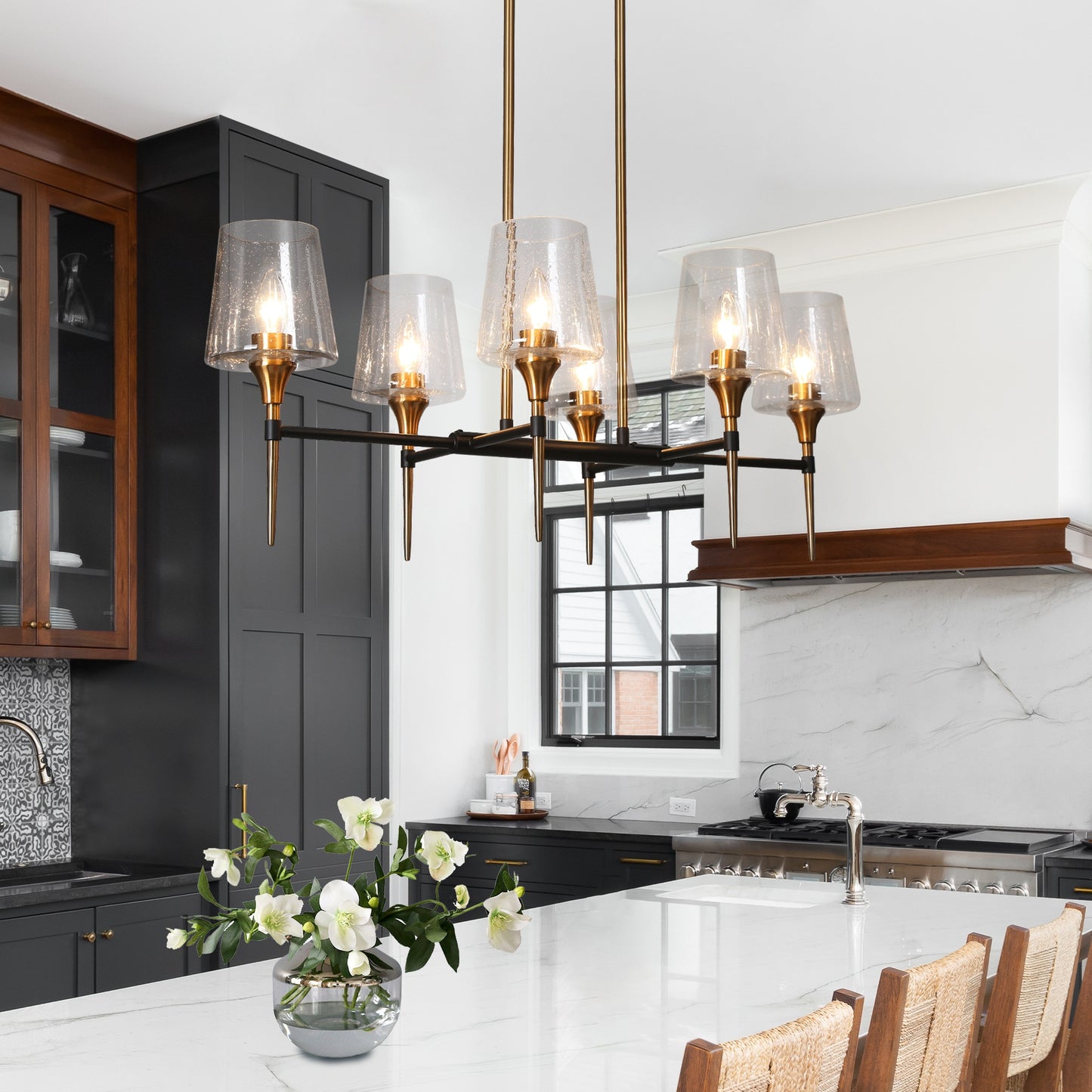 ZEVNI Traditional 6 -Light Matte Black/Polished Brass Large Pendant Chandelier Modern/contemporary Seeded glass Glass Linear Large Indoor Hanging Kitchen Island Light