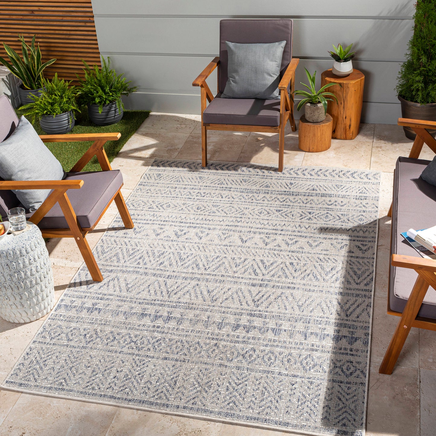 Livabliss Eagean 8 x 8 (ft) Flatweave Polypropylene Navy Square Indoor/Outdoor Geometric Global House Wahable Pet Friendly Area rug