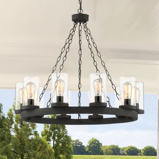 ACROMA Arcadia 10 -Light Matte Black Outdoor Bare bulb Clear glass Glass Metal Chandelier